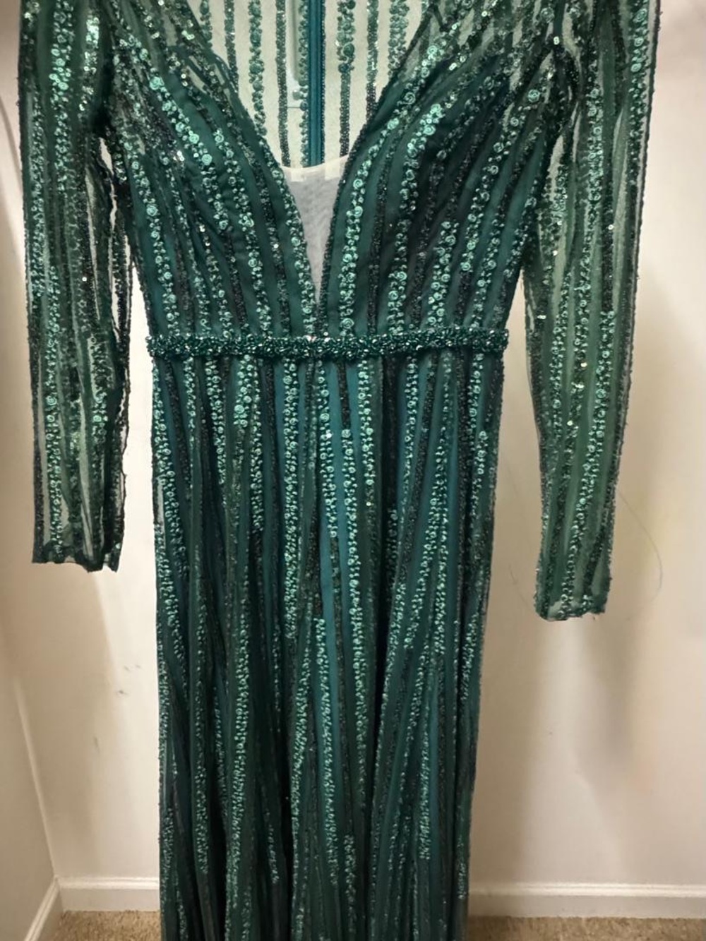 Mac Duggal Emerald Green Sequin Long Sleeve Gown